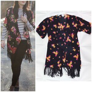 LulaRoe Womens Sz S Black Floral Print Fringed Kimono Jacket Monroe Tropical